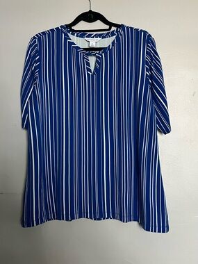 Liz Claiborne Striped Blouse Blue White Tie Neck Short Sleeve Size XL